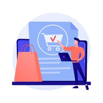 online ordering purchase making buying goods internet store website female customer with tablet adding product cart cartoon character